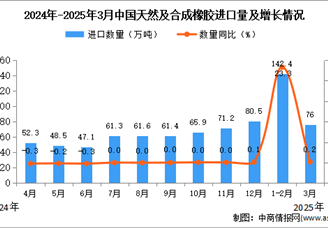 2025年3月中國天然及合成橡膠進(jìn)口數(shù)據(jù)統(tǒng)計(jì)分析：進(jìn)口量76萬噸