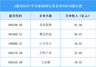 A股2024年半導(dǎo)體材料行業(yè)企業(yè)TOP10排行榜（圖）
