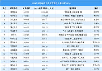 2024年中国河南省上市公司营业收入排行榜（附榜单）