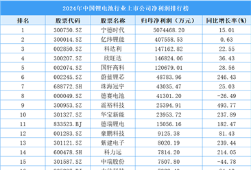 2024年中国锂电池行业上市公司净利润排行榜（附榜单）