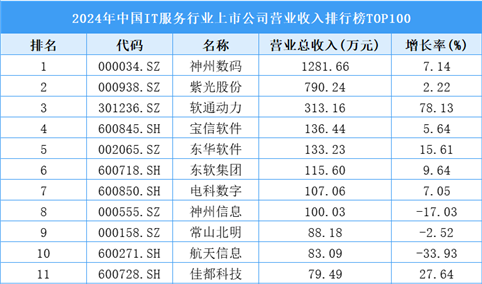 2024年中国IT服务行业上市公司营业收入排行榜TOP100（附榜单）