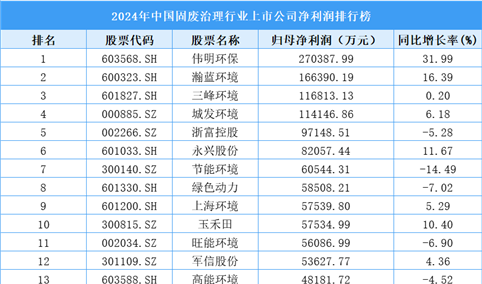 2024年中国固废治理行业上市公司净利润排行榜（附榜单）