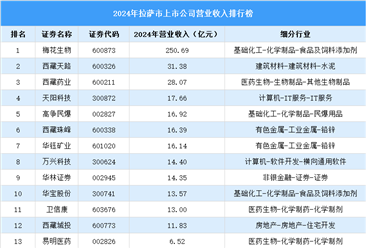 2024年拉萨市上市公司营业收入排行榜（附榜单）
