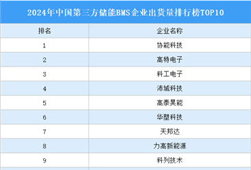 2024年中国第三方储能BMS企业出货量排行榜TOP10（附榜单）