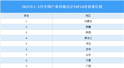 產(chǎn)業(yè)投資情報：2025年1-5月中國產(chǎn)業(yè)用地出讓TOP10省份排名（產(chǎn)業(yè)篇）