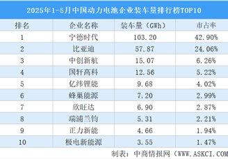 2025年1-5月中国动力电池企业装车量排行榜TOP10（附榜单）