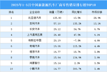 2025年1-5月中國(guó)新能源汽車廠商零售銷量排行榜TOP10（附榜單）