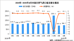 2025年4月中国天然气进口数据统计分析：进口量966.7万吨