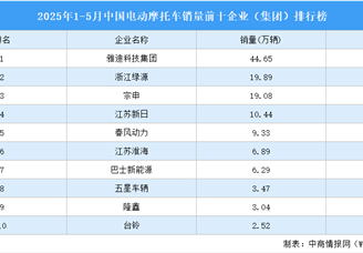 2025年1-5月中國電動摩托車銷量前十企業(yè)（集團）排行榜（附榜單）