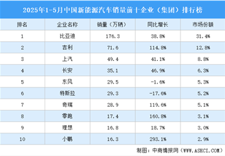 2025年1-5月中國新能源汽車銷量前十企業(yè)（集團）排行榜（附榜單）