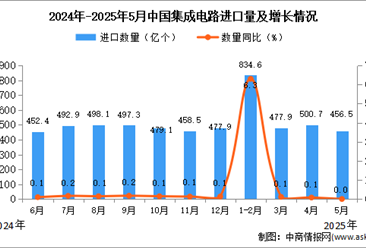 2025年5月中国集成电路进口数据统计分析：进口量456.5亿个