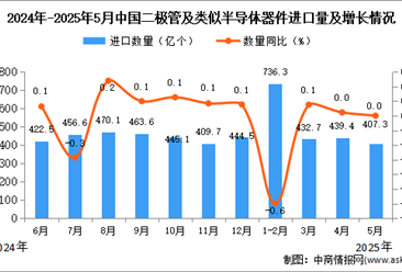 2025年5月中国二极管及类似半导体器件进口数据统计分析：进口量407.3亿个