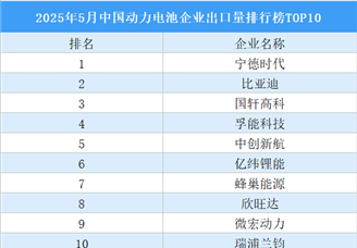 2025年5月中国动力电池企业出口量排行榜TOP10（附榜单）