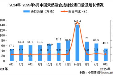 2025年5月中国天然及合成橡胶进口数据统计分析：进口量48.5万吨
