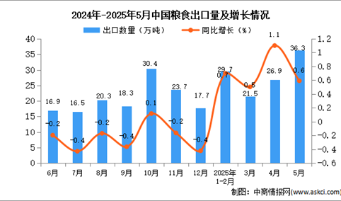 2025年5月中国粮食出口数据统计分析：出口量同比增长0.6%