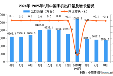 2025年5月中国手机出口数据统计分析：出口量5534.8万台