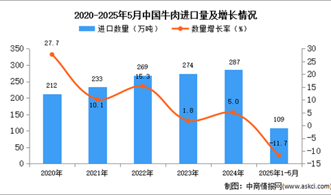2025年1-5月中国牛肉进口数据统计分析：进口量109万吨