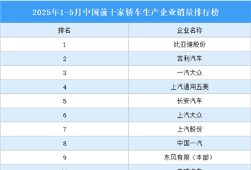 2025年1-5月中国前十家轿车生产企业销量排行榜（附榜单）