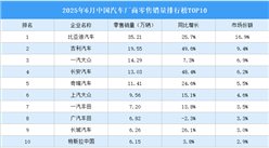 2025年6月中國(guó)汽車廠商零售銷量排行榜TOP10（附榜單）
