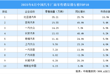 2025年6月中国汽车厂商零售销量排行榜TOP10（附榜单）