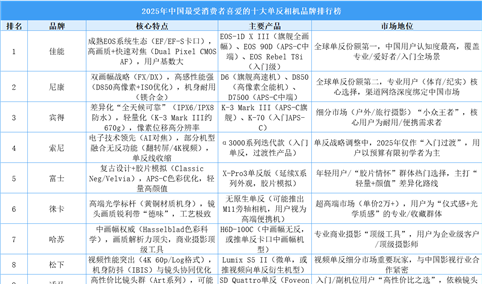 2025年中国最受消费者喜爱的十大单反相机品牌排行榜（附榜单）