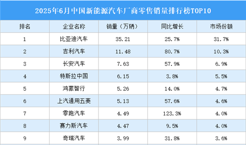 2025年6月中国新能源汽车厂商零售销量排行榜TOP10（附榜单）