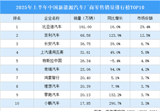 2025年上半年中国新能源汽车厂商零售销量排行榜TOP10（附榜单）