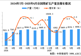 2025年6月全國鐵礦石產(chǎn)量數(shù)據(jù)統(tǒng)計分析