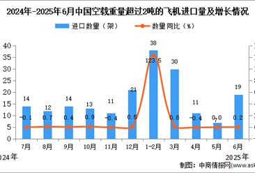 2025年6月中国空载重量超过2吨的飞机进口数据统计分析：进口量19架