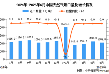 2025年6月中国天然气进口数据统计分析：进口量1054.5万吨