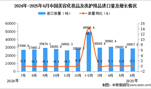 2025年6月中国美容化妆品及洗护用品进口数据统计分析：进口量28927.2吨