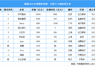 胡潤2025全球獨角獸榜：343家中國上榜企業(yè)城市分布、行業(yè)分布及排名情況分析（圖）