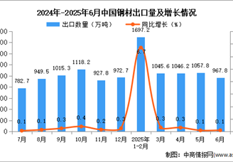 2025年6月中国钢材出口数据统计分析：出口量同比增长0.1%