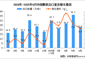 2025年6月中国粮食出口数据统计分析：出口量同比增长0.4%