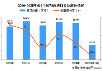 2025年1-6月中国粮食进口数据统计分析：进口量6276万吨