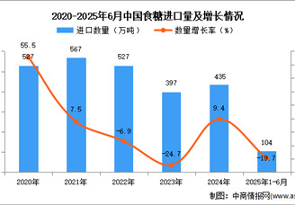 2025年1-6月中国食糖进口数据统计分析：进口量104万吨