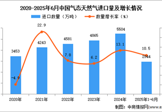 2025年1-6月中国气态天然气进口数据统计分析：进口量同比增长10.5%