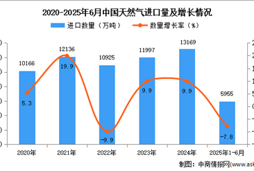 2025年1-6月中国天然气进口数据统计分析：进口量同比下降7.8%