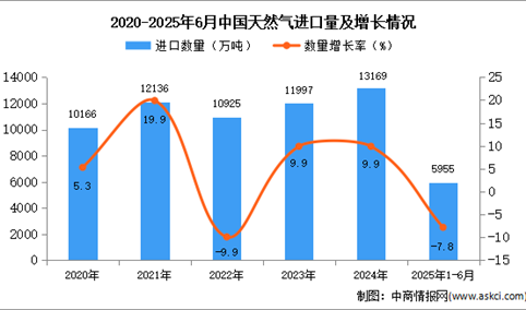2025年1-6月中国天然气进口数据统计分析：进口量同比下降7.8%
