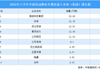 2025年上半年中國電動(dòng)摩托車銷量前十企業(yè)（集團(tuán)）排行榜（附榜單）
