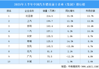 2025年上半年中國汽車銷量前十企業(yè)（集團）排行榜（附榜單）