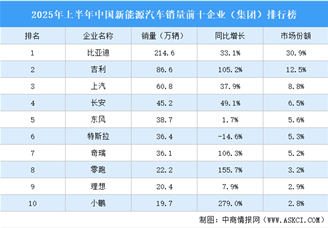 2025年上半年中國(guó)新能源汽車銷量前十企業(yè)（集團(tuán)）排行榜（附榜單）