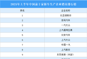 2025年上半年中国前十家轿车生产企业销量排行榜（附榜单）