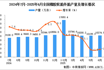 2025年6月全国橡胶轮胎外胎产量数据统计分析