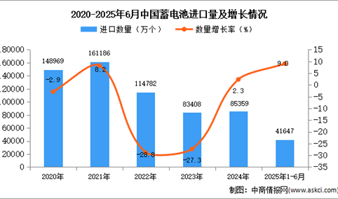 2025年1-6月中国蓄电池进口数据统计分析：进口量41647万个