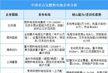 2025年中国氢燃料电池重点企业业务布局预测分析（图）