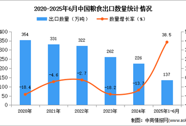 2025年1-6月中国粮食出口数据统计分析：出口量137万吨