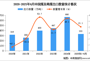 2025年1-6月中國(guó)煤及褐煤出口數(shù)據(jù)統(tǒng)計(jì)分析：出口量同比增長(zhǎng)21.1%