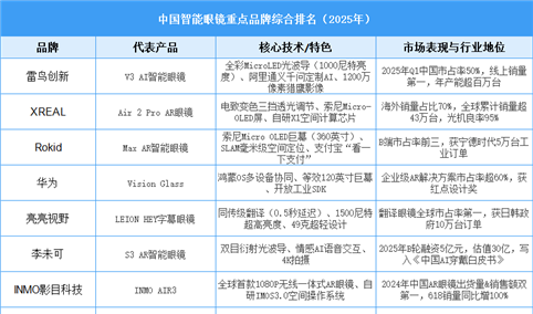 2025年中国智能眼镜重点品牌综合排名（图）