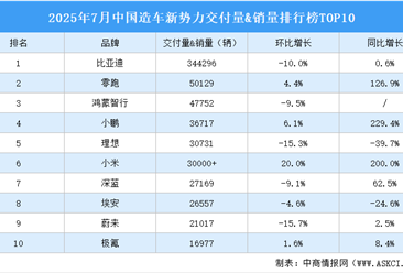 2025年7月中国造车新势力交付量&销量排行榜TOP10（附榜单）